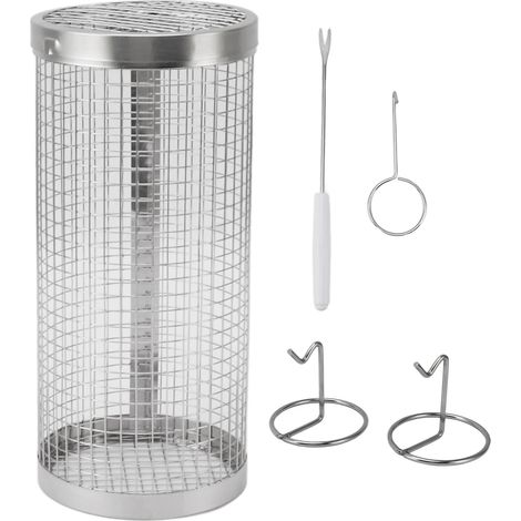 Panier à griller cylindrique en maille d'acier inoxydable avec crochet pour fourchette, idéal pour les grillades en plein air et le camping. (1/5)