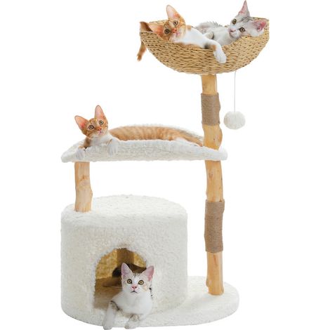 PAWZ Road Arbre à Chat Moderne 97 cm avec Poteaux en Bois, Panier Tissé XXL, Condo & Plateforme Courbée 50 cm, Blanc