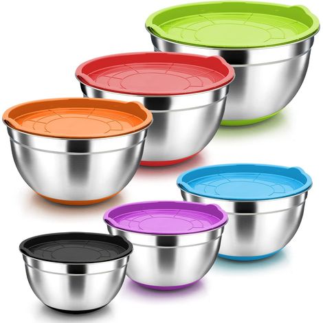 Juego de 6 boles mezcladores de acero inoxidable con tapas herméticas, boles de cocina, base de silicona antideslizante y marcas de medición, 0,8 L, 1,4 L, 1,7 L, 2,4 L, 4 L, 7,5 L (1/5)