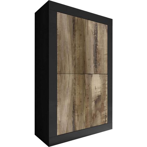 OTELLO - Rangement 4 Portes Finition Noir Mat et Aspect Bois Antik (1/3)