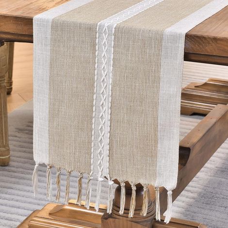 Broderie Coton Lin Chemin de Table Intérieur Extérieur Ferme Style Café Chemin de Table (33120cm) avec Glands à la Main pour la fête, Salle à Manger, Décorations de Cuisine (1/5)