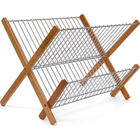 Bamboo and metal folding dish rack, 27 x 38 x 29 cm, natural, brown (1/5)