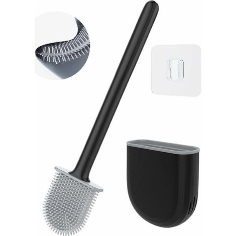 Brosse WC en silicone antibactérienne, manche en acier inoxydable, noire. (1/5)