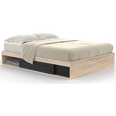 Idmarket – Cadre de lit double avec rangements – 140 x 190 cm – 2 tiroirs – Panneaux de particules bois effet hêtre et noir – Sommier 20 lattes