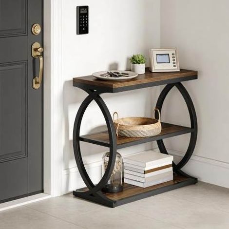 Tavolino laterale 71.5x38.3x17.6 cm, stile industriale farmhouse, 3 ripiani aperti, metallo e legno, nero marrone rustico (1/5)