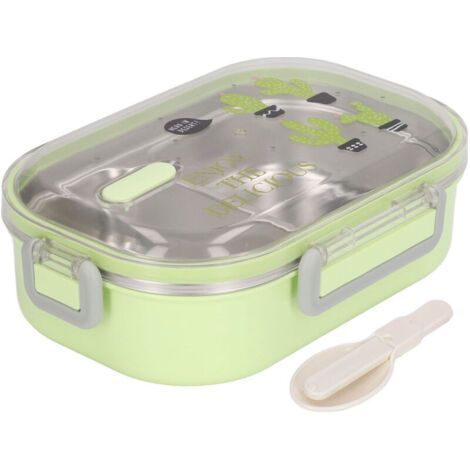 Insulated bento box in 304 stainless steel – Green cactus pattern – With compartments (1/5)