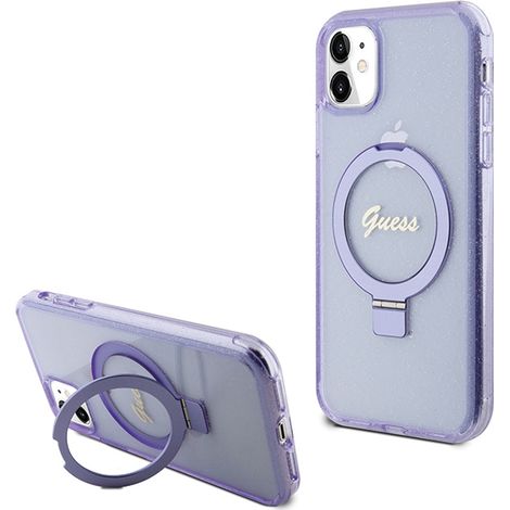 Coque rigide violette Guess GUHMN61HRSGSU pour iPhone 11/Xr 6,1" avec anneau de support, inscription pailletée et MagSafe. (1/5)