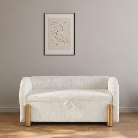 Coffre banc rembourré en tissu bouclé blanc 106 cm avec rangement (1/5)