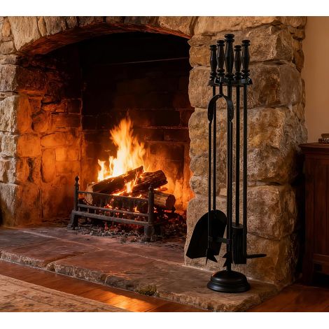 Ensemble de cheminée 5 pièces – Poignée et support en fonte – Comprend pelle, tisonnier, brosse, pince et support – Outils de cheminée noirs pour feu ouvert ou poêle à bois – Hauteur 54 cm