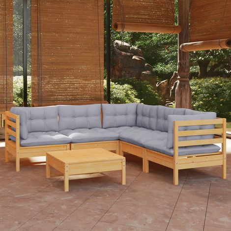 Salon de jardin 6 pcs Ensemble Table et Chaise de Jardin - avec coussins gris Bois de pin solide BV638213 - BonneVie (1/5)