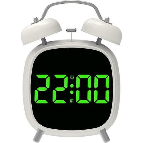 Réveil LED créatif, réveil numérique à cloche métallique puissante, idéal pour les gros dormeurs, boîtier blanc/lumière verte. (1/5)