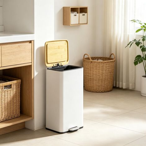 Poubelle de cuisine 20L avec pédale, couvercle en bambou à fermeture amortie, bac intérieur amovible, blanc (1/5)