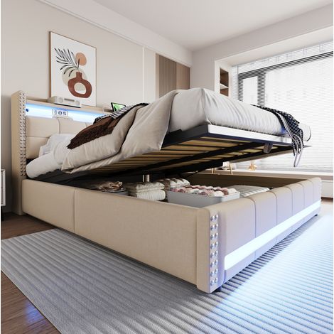 Cama Baúl 180x200 Cm Canapé Elevable Tela Beige (1/5)
