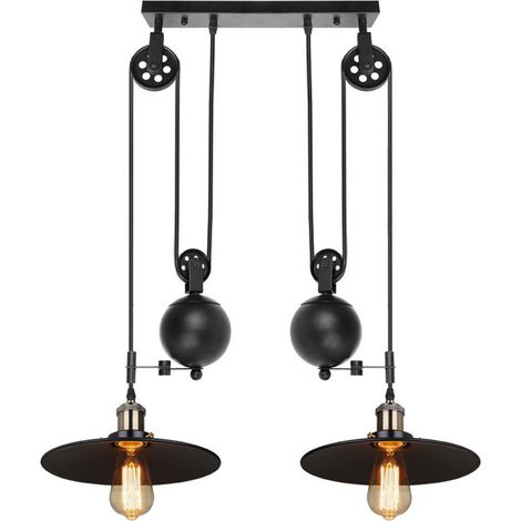 Lampe à suspension à poulie rétractable industrielle noir luminaire suspendu plafonnier design vintage pour salons cuisine restaurant bar - 2 Lampe (1/4)