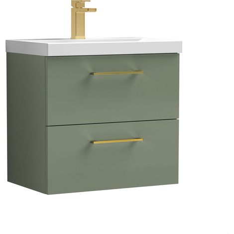 Balterley 600mm Wall Hung Bathroom 2 Drawer Vanity Unit and 1 Tap Hole Ceramic Basin, Satin Green with Brushed Brass Handles