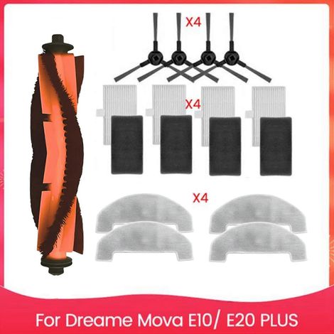 Ersatzteile für den Staubsauger Dreame Mova E10/E20 PLUS: Hauptbürste, HEPA-Filter und Reinigungstuch.