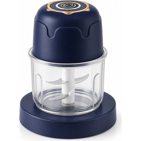 Hachoir électrique rechargeable multifonction 350 ml, bleu, avec bol en verre et 3 lames — mini robot pour ail et viande (1/5)