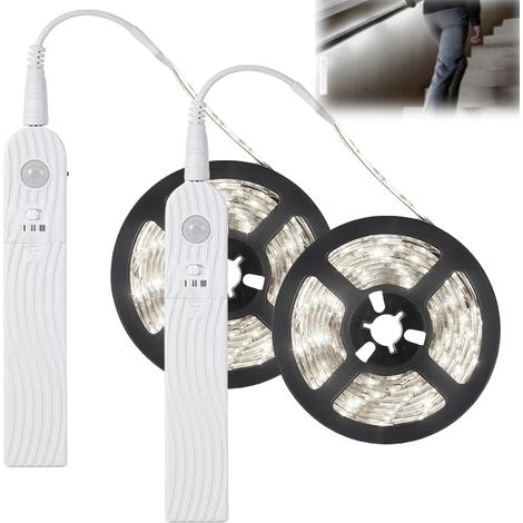Lot de 2 bandes LED avec détecteur de mouvement, bande LED de 2 m, à piles, pour chambre à coucher, rechargeable par USB, lumière blanche (1/5)