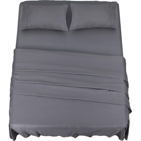 Polyester Microfibre Ensemble de Draps (4 pièces, Gris) - 1 Drap Housse 150x200cm, 1 Drap Plat 228x259cm et 2 Taies d'oreiller 50x75cm (1/5)