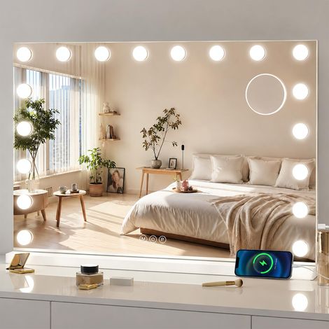 Miroir de coiffeuse avec éclairage - 80 x 60 cm - 18 ampoules à intensité variable et 3 modes de couleur - Miroir de maquillage avec éclairage grossissement 10x - Contrôle tactile (1/5)