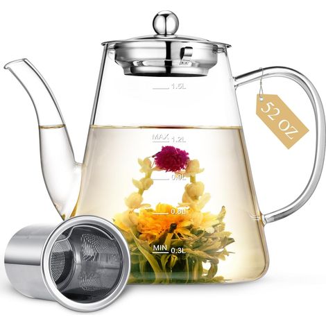 Théière en verre de 1500 ml avec infuseur pour thé en vrac et thé en fleurs, bouilloire à thé qui va sur la cuisinière, théière en verre borosilicate fabriquée à la main avec ligne d'échelle (1/5)