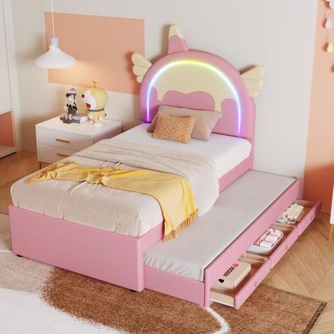 Lit Gigogne 90 x 200 cm Lit Gigogne Enfant licorne forme licorne lit tiroir escamotable revêtement PU rose (1/5)