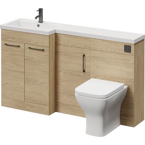 Napoli 390 Light Oak 1500mm 3 Door Vanity Unit Toilet Suite with Left Hand Square Lucia Basin - 1500mm - Gunmetal Grey 160mm HandleWith Kingston Toilet Pan and Seat