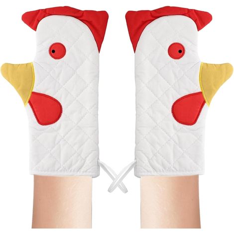 Par de guantes de cocina de doble capa, resistentes al calor, con estampado de gallo y correa, aptos para hornos y microondas. (1/5)