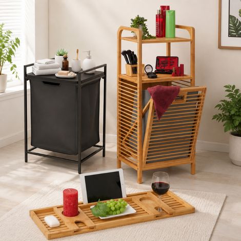Set de baño y spa de bambú de tres piezas: cesto para la ropa sucia con estante, estante de baño de bambú y bandeja de baño tipo spa (1/5)