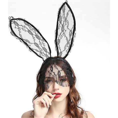 Schwarzer Hasenohren-Schleier, Haarband, Spitzenmaske, Haarreif, Hasenohren-Haarreif, Partydekoration, Kopfschmuck für Abschlussball, Cosplay, Haaraccessoire – Einheitsgröße – Schwarz