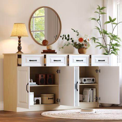 Aparador con 4 Puertas, 4 Cajones y Estantes Ajustables, en MDF, Blanco y Color Madera Natural, 160 x 35 x 80 cm (1/5)