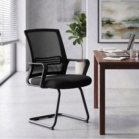 2 sillas de oficina ergonómicas sin ruedas, negras, con base trineo OKMYHOME (1/5)
