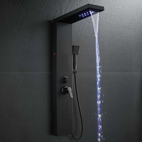 Panneau Colonne de Douche LED Entièrement Noir, 5 Modes avec Mitigeur - Cascade/Pluie/Jets de Massage/Douchette/Bec de Baignoire, Colonne de Douche Hydromassante Acier Inoxydable, Montage Mural (1/5)