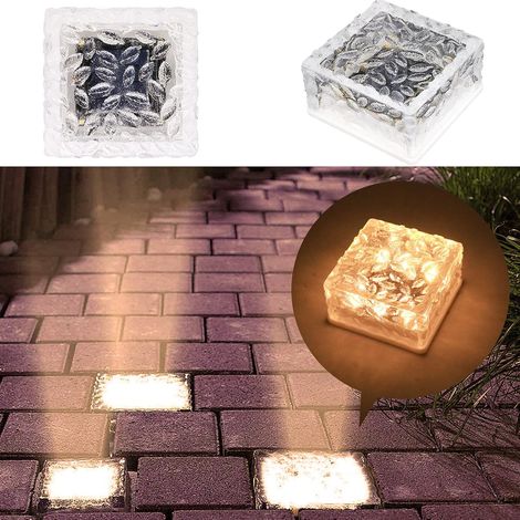2 perles solaires en verre à effet pavé (10 x 10 x 5,5 cm) - Lumière blanche chaude - Capteur de luminosité marche/arrêt-AquaForge