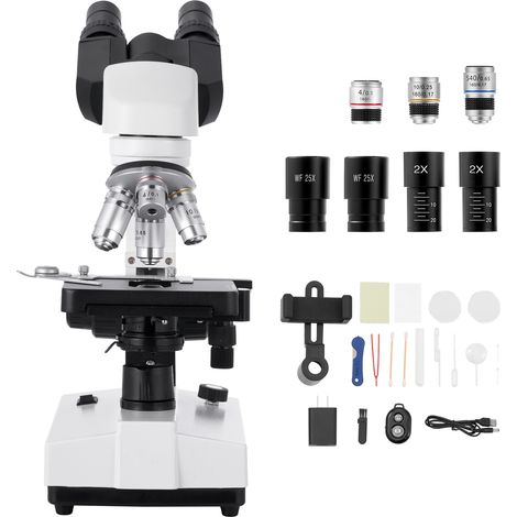 Mophorn Microscope binoculaire professionnel, ensemble composé avec grossissement 40-5000X, double platine, deux paires d'oculaires, éclairage LED et support pour téléphone, idéal pour laboratoire (1/5)