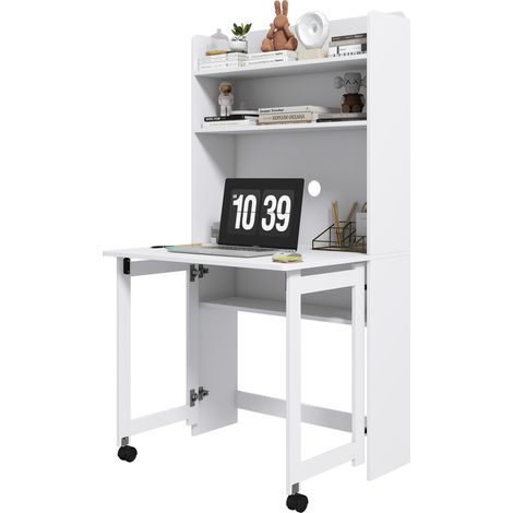 HOMCOM Scrivania con Libreria a 4 Ripiani e Piano Pieghevole 80x69x155 cm Bianco (1/5)