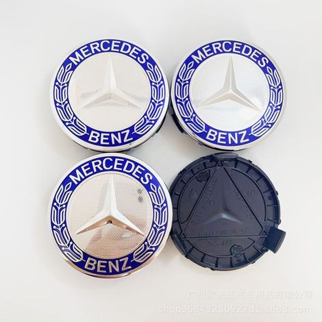 Lot de 4 cache-moyeux compatibles Mercedes-Benz – Pour C180, C200, E260, E300, S350, ML350 – Diamètre 75 mm – Bleu foncé – Étoile avec couronne de laurier (non collection)