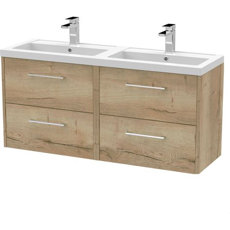 Winshill Contemporary 4 Drawer Wall Hung Vanity Unit with Double Basin, Light Oak, 1200mm (1/4)