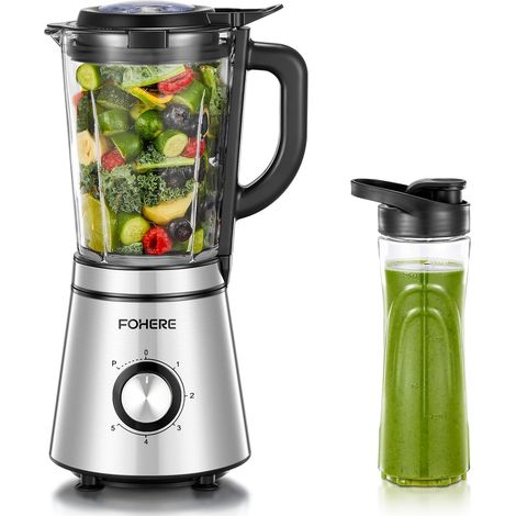 Blender, 1100 W de Puissance Max, Mixeur Electrique Bol en verre 1,5L, 600ML Gourde Nomade, 4 Lames en acier Inox, 5 vitesses + Fonction Pulse Mixeur, Smoothie, Utilisation & Nettoyage Facile (1/5)