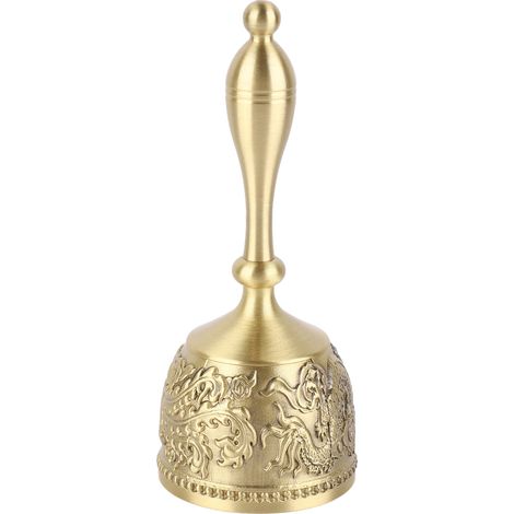 Cloche artisanale en cuivre pur, de 12 cm de long, finement gravée et dotée d'une poignée incurvée, idéale pour les mariages, les fêtes, les réunions de famille, les bars et les repas. (1/5)