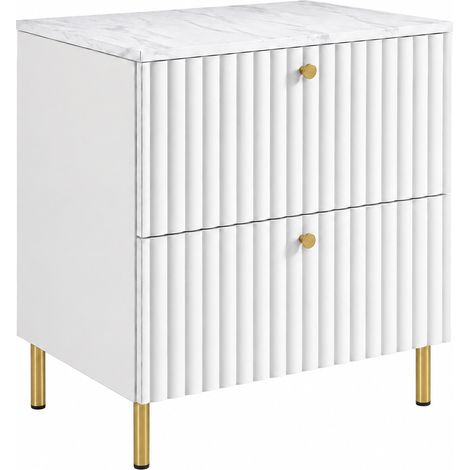 Meuble sous-vasque sur pieds 60 cm, 2 tiroirs, avec plan de travail, fermeture douce, Blanc / Marbre, pieds dorés, 60 x 44,4 x 73,6 cm (1/5)