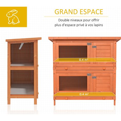 Clapier à lapin cage à lapin double niveau plateaux coulissants 4 portes verrouillables toit ouvrant 90L x 45l x 90H cm (1/5)
