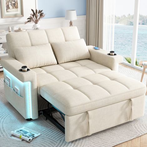 Sofá cama 2 plazas con LED, USB/Type-C, respaldo reclinable, beige OKMYHOME (1/5)