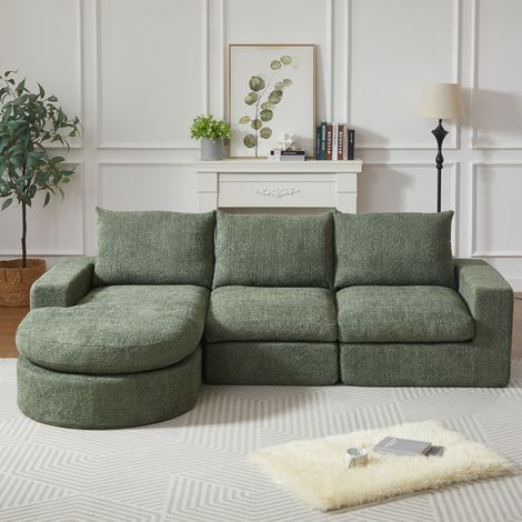 Divano angolare modulare 250 x 160 x 80 cm in ciniglia verde con chaise longue reversibile DESVIAE