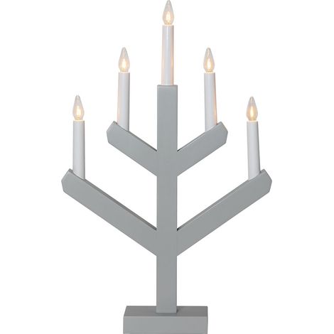 Kerzenleuchter ,Vinga' aus Holz, grau, 5 LED Kerzen, E10 Leuchtmittel, H 50cm, B 32cm (1/4)
