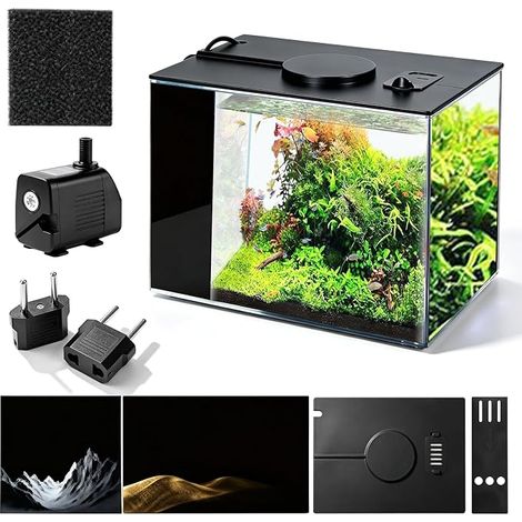 Petit Aquarium, Mini Aquarium, Petit Aquarium Aquarium, Kit de en Acrylique avec Pompe de Filtration et Eclairage LED, pour Poissons, Crevettes, Plantes, 15x15x20 cm (1/5)