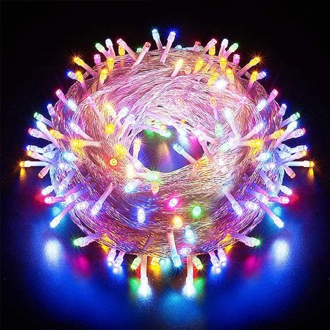 Guirnalda de luces LED de 10 m y 8 modos, 100 luces, decoración romántica para árbol de Navidad, boda, fiesta, luces de interior (cable transparente, multicolor) [Clase energética A] (1/4)