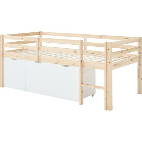 Letto mezza altezza 90 x 190 cm con contenitori - Pino e MDF - Naturale e bianco - LANIORI