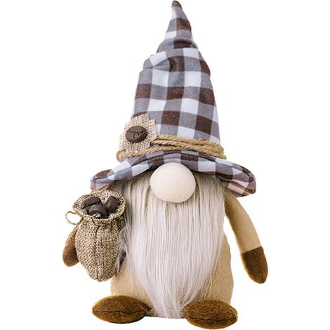 Gnomo de peluche con temática de café, personaje sueco sin rostro con sombrero a cuadros y bolsa de granos de café, decoración de cafetería estilo rústico. (1/5)