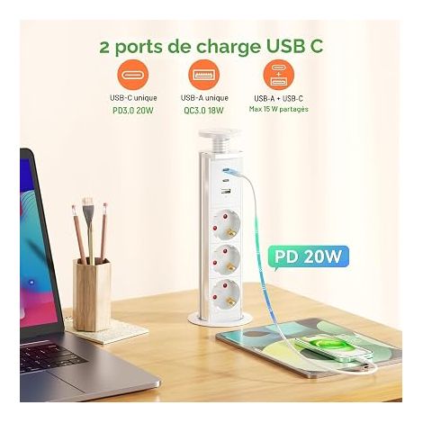 Recessed Power Strip 3 Sockets with 2 USB C PD20W, Retractable Socket for Worktop Table, 4000W/16A, Diameter 60mm, Cable 1.8m – for Kitchen and Office (1/4)